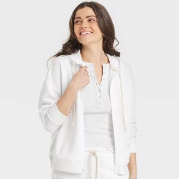 UT L White Leisure Studio French Terry Cloth Full Zip Hooded Sweatshirt - Picture 3 of 16